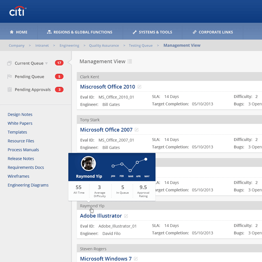 Citi UI for Corporate Software QA System Panel