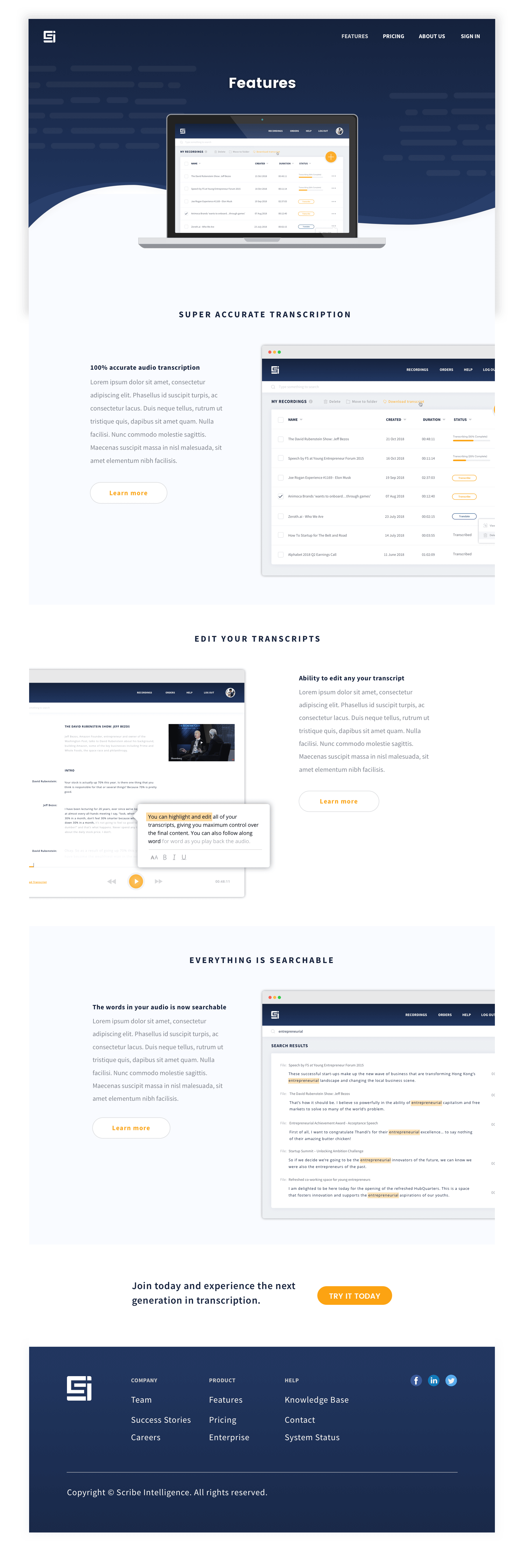 Website design for Scribe Intelligence, an AI transcription startup