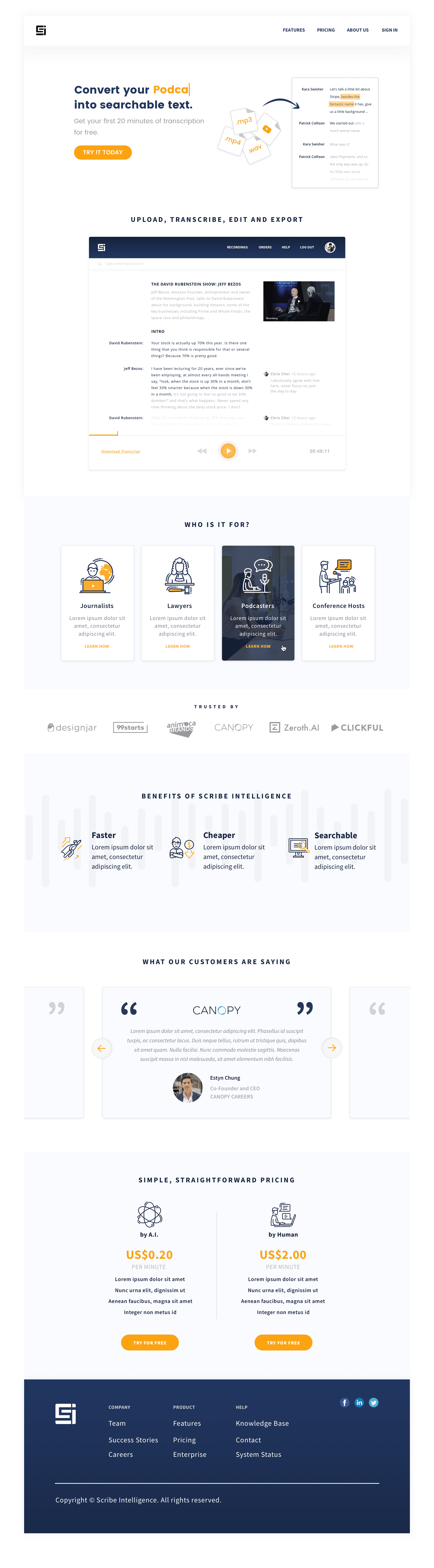 Website design for Scribe Intelligence, an AI transcription startup