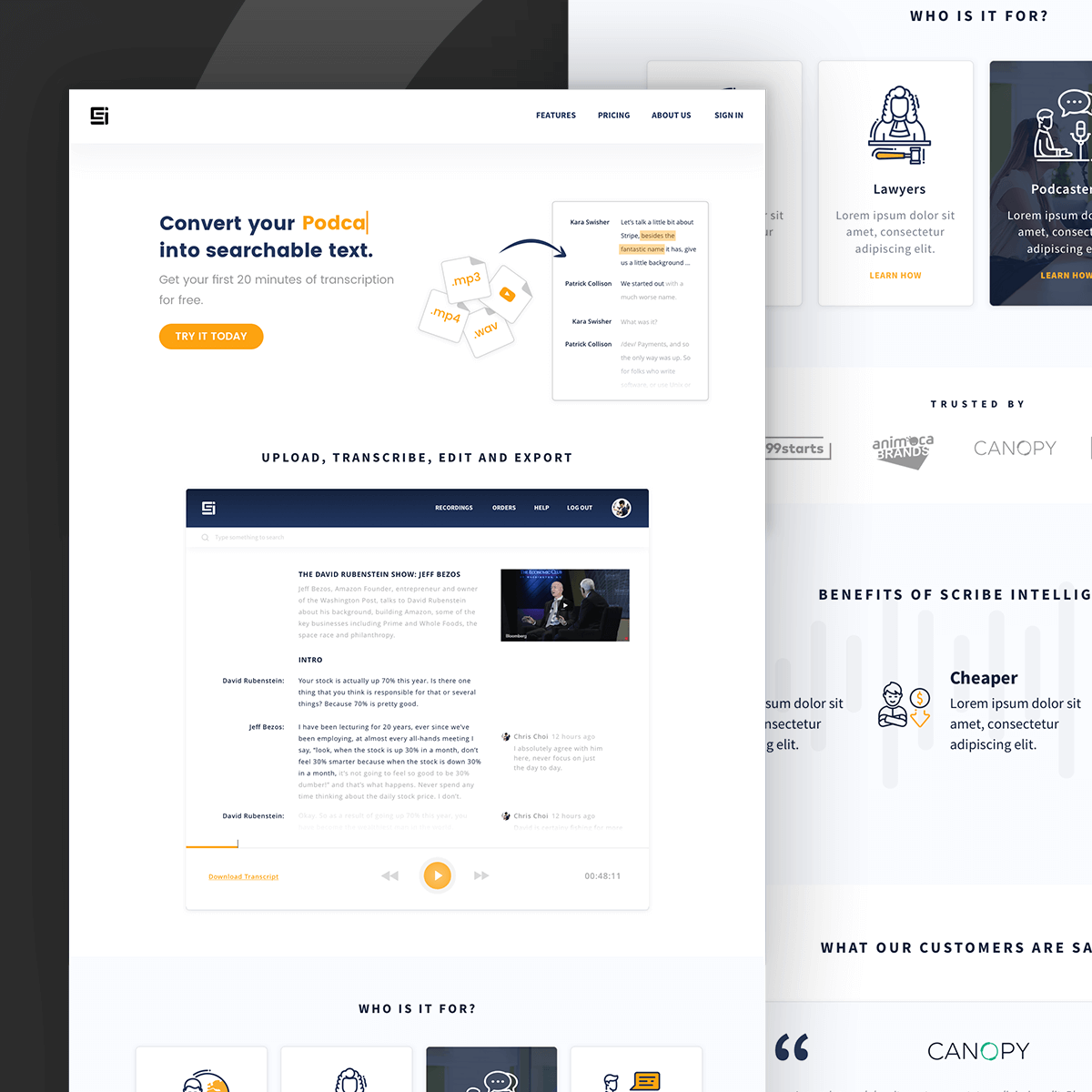 Website design for Scribe Intelligence, an AI transcription startup